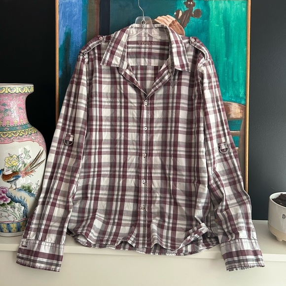 Guess Maroon and White Plaid Casual Shirt XL Embroidered - Picture 1 of 16